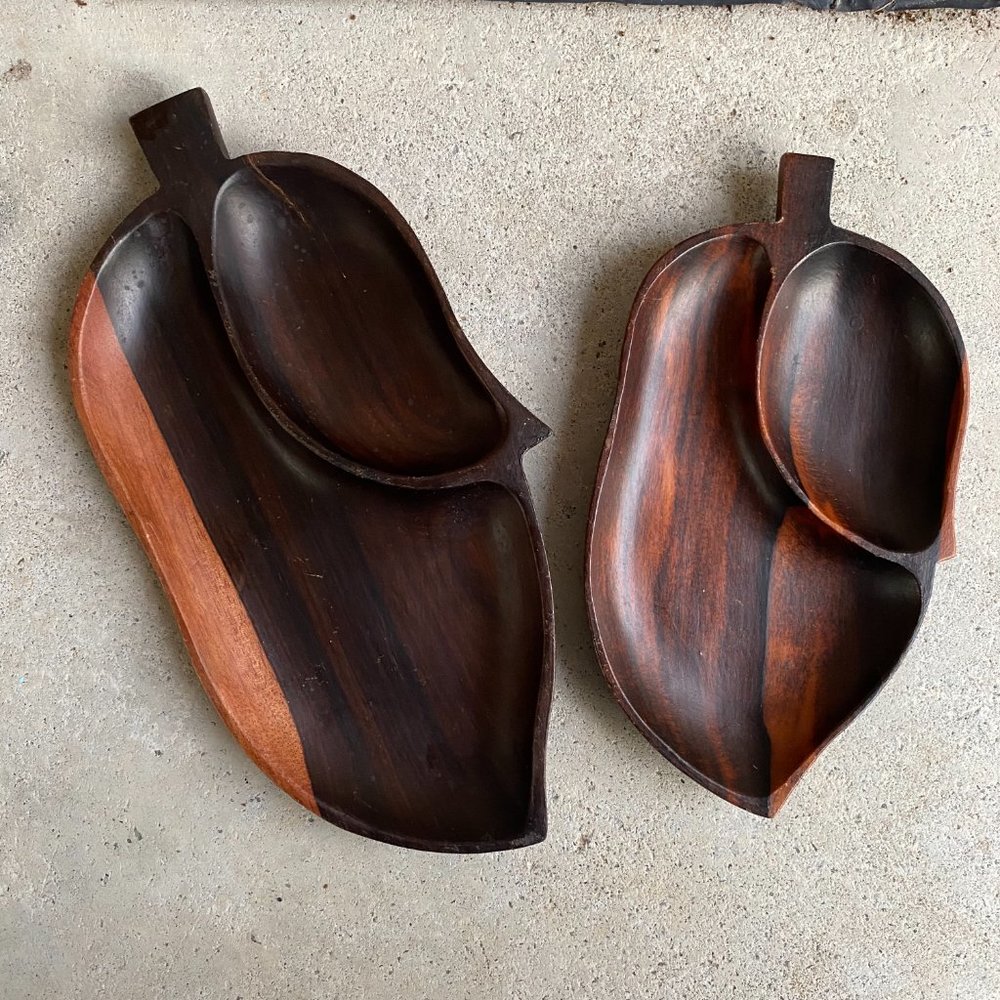 2 PC Two Toned Sectioned Wooden Leaf Trinket Trays - Picture 1 of 11